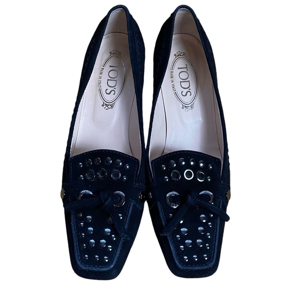 Tod's Shoes - TOD’s Billie Studs & Lace Black Suede Kitten Heel Loafers